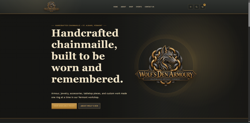Wolf's Den Armoury homepage screenshot